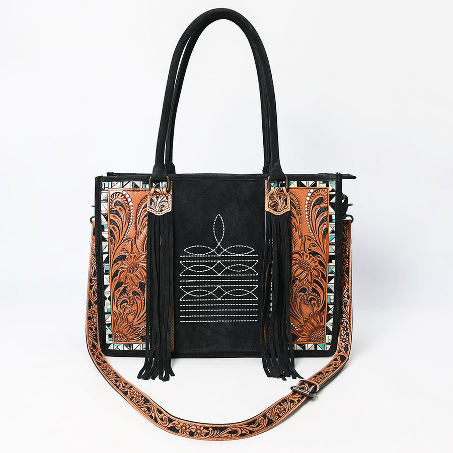 American Darling Western Leather Tote Bag – Genuine Tooled Panels, Fringe Accents, Spacious Design, Premium Craftsmanship