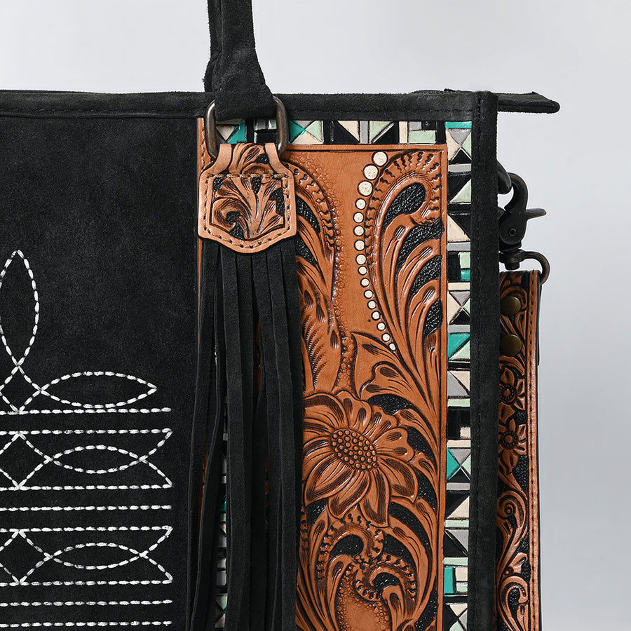 American Darling Western Leather Tote Bag – Genuine Tooled Panels, Fringe Accents, Spacious Design, Premium Craftsmanship