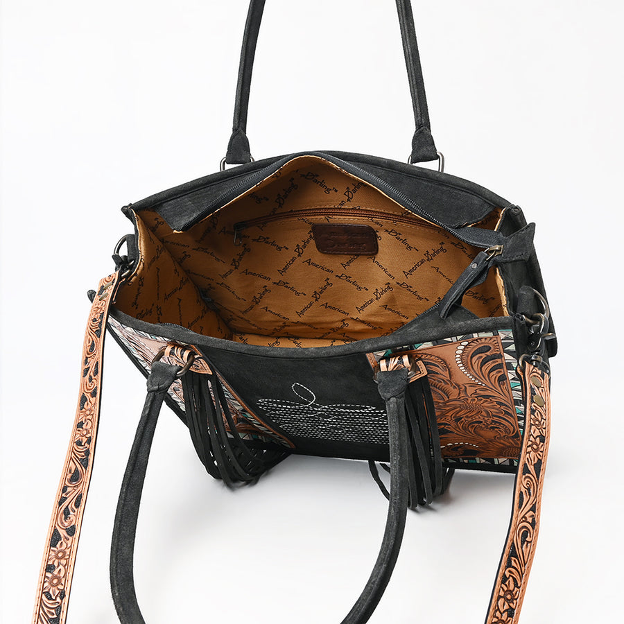 American Darling Western Leather Tote Bag – Genuine Tooled Panels, Fringe Accents, Spacious Design, Premium Craftsmanship