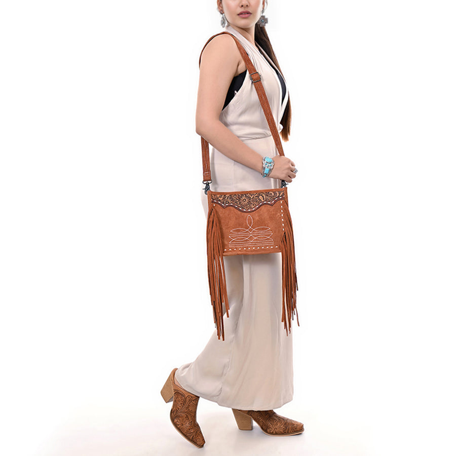 American Darling Western Genuine Suede Leather Crossbody Bag – Genuine Hand-Tooled Design, Fringe Accents, Premium Craftsmanship, Everyday Carry