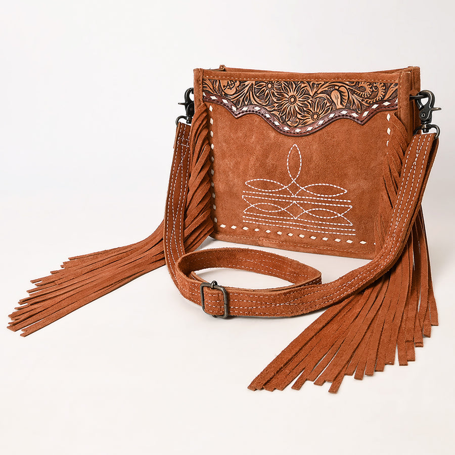American Darling Western Genuine Suede Leather Hand-Tooled Crossbody Bag with Fringe - Handcrafted Genuine Design - Uhorse