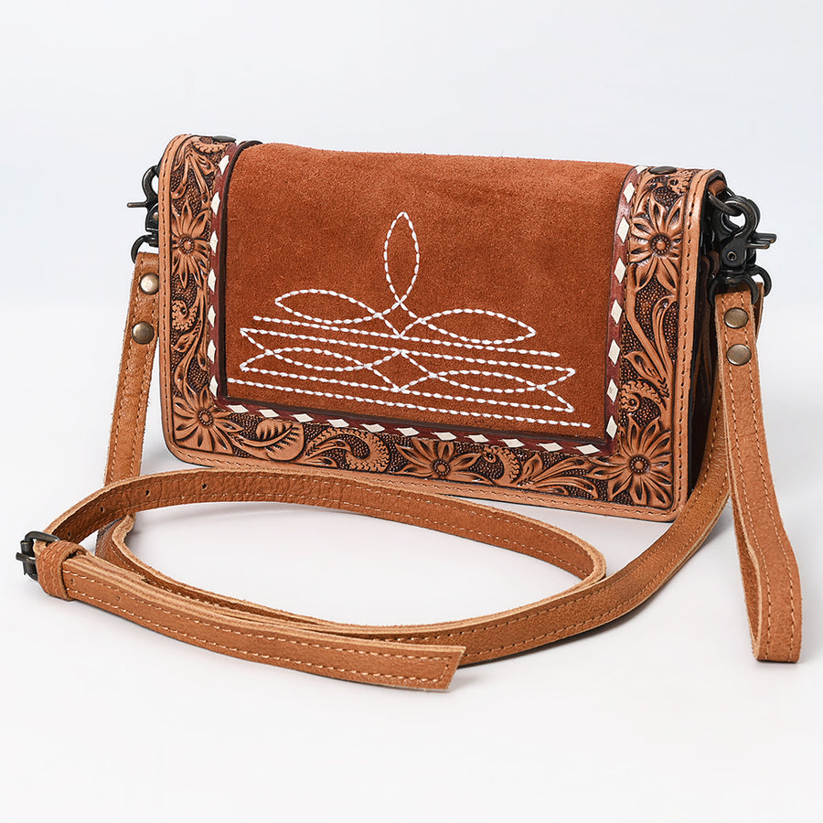 American Darling Western Genuine Suede Leather Organiser Bag with Tooled Details - Handcrafted Genuine Design - Uhorse