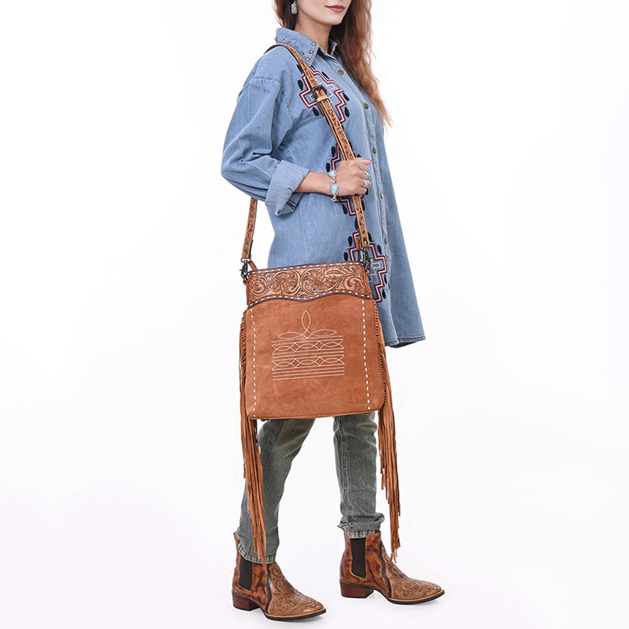 American Darling Western Leather Large Crossbody Bag – Genuine Hand-Tooled Panels, Fringe Styling, Spacious Everyday Carry with Premium Craftsmanship