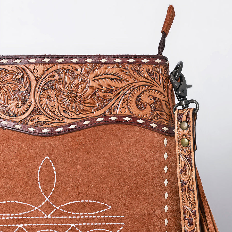 American Darling Western Leather Large Crossbody Bag – Genuine Hand-Tooled Panels, Fringe Styling, Spacious Everyday Carry with Premium Craftsmanship