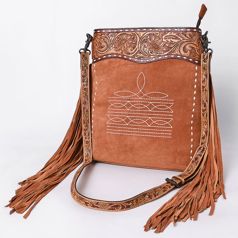 American Darling Western Leather Large Crossbody Bag with Fringe and Tooled Accents - Handcrafted Design - Uhorse