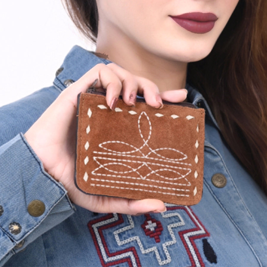 American Darling Western Genuine Suede Leather Card Holder – Compact Genuine Leather Design, Buck Stitched Detailing, Secure Zippered Essentials Case