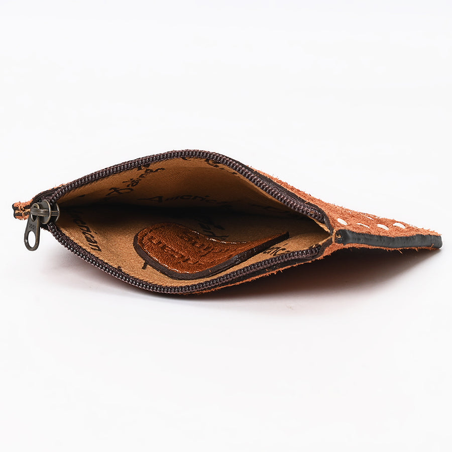 American Darling Western Genuine Suede Leather Card Holder – Compact Genuine Leather Design, Buck Stitched Detailing, Secure Zippered Essentials Case