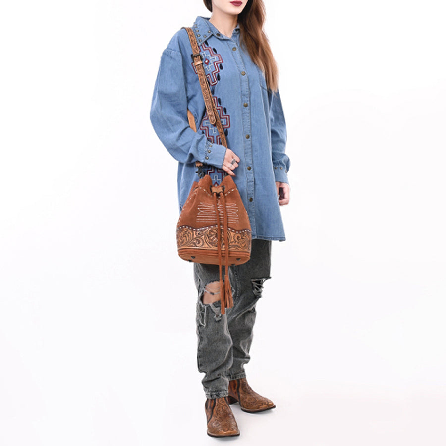 American Darling Western Genuine Suede Leather Bucket Bag – Genuine Hand-Tooled Design, Tassels, Spacious Everyday Carry with Premium Craftsmanship
