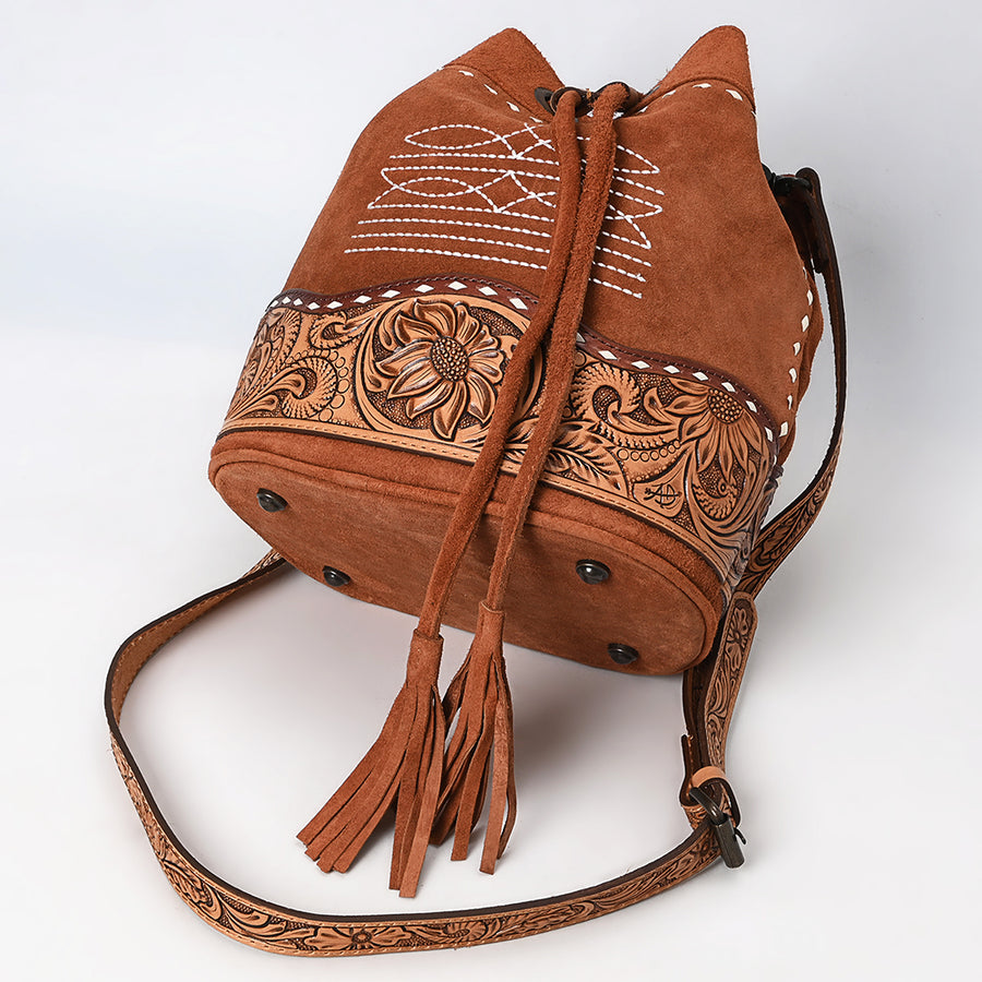 American Darling Western Genuine Suede Leather Bucket Bag – Genuine Hand-Tooled Design, Tassels, Spacious Everyday Carry with Premium Craftsmanship