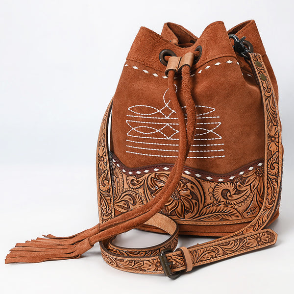 American Darling Western Genuine Suede Leather Bucket Bag with Tooled Accents and Tassels - Handcrafted Design - Uhorse