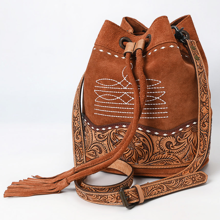 American Darling Western Genuine Suede Leather Bucket Bag with Tooled Accents and Tassels - Handcrafted Design - Uhorse