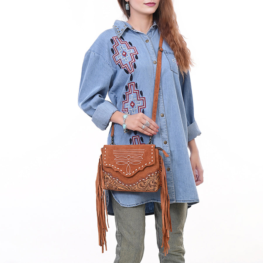 American Darling Western Genuine Suede Leather Crossbody Bag – Genuine Hand-Tooled Panels, Fringe Styling, Compact Everyday Carry with Premium Craftsmanship