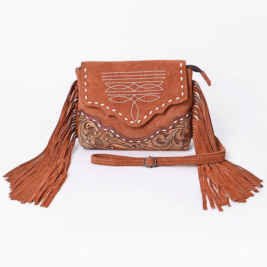 American Darling Western Genuine Suede Leather Crossbody Bag – Genuine Hand-Tooled Panels, Fringe Styling, Compact Everyday Carry with Premium Craftsmanship
