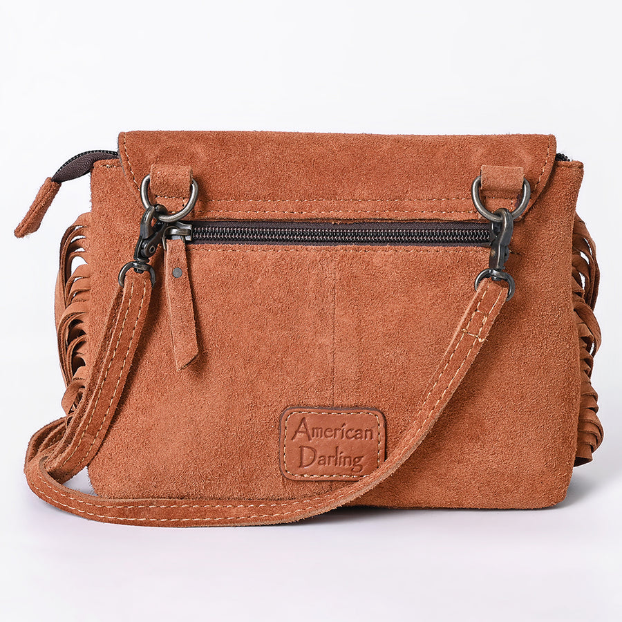 American Darling Western Genuine Suede Leather Crossbody Bag – Genuine Hand-Tooled Panels, Fringe Styling, Compact Everyday Carry with Premium Craftsmanship
