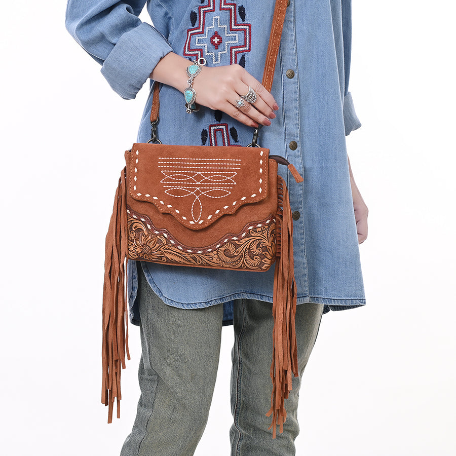 American Darling Western Genuine Suede Leather Crossbody Bag – Genuine Hand-Tooled Panels, Fringe Styling, Compact Everyday Carry with Premium Craftsmanship