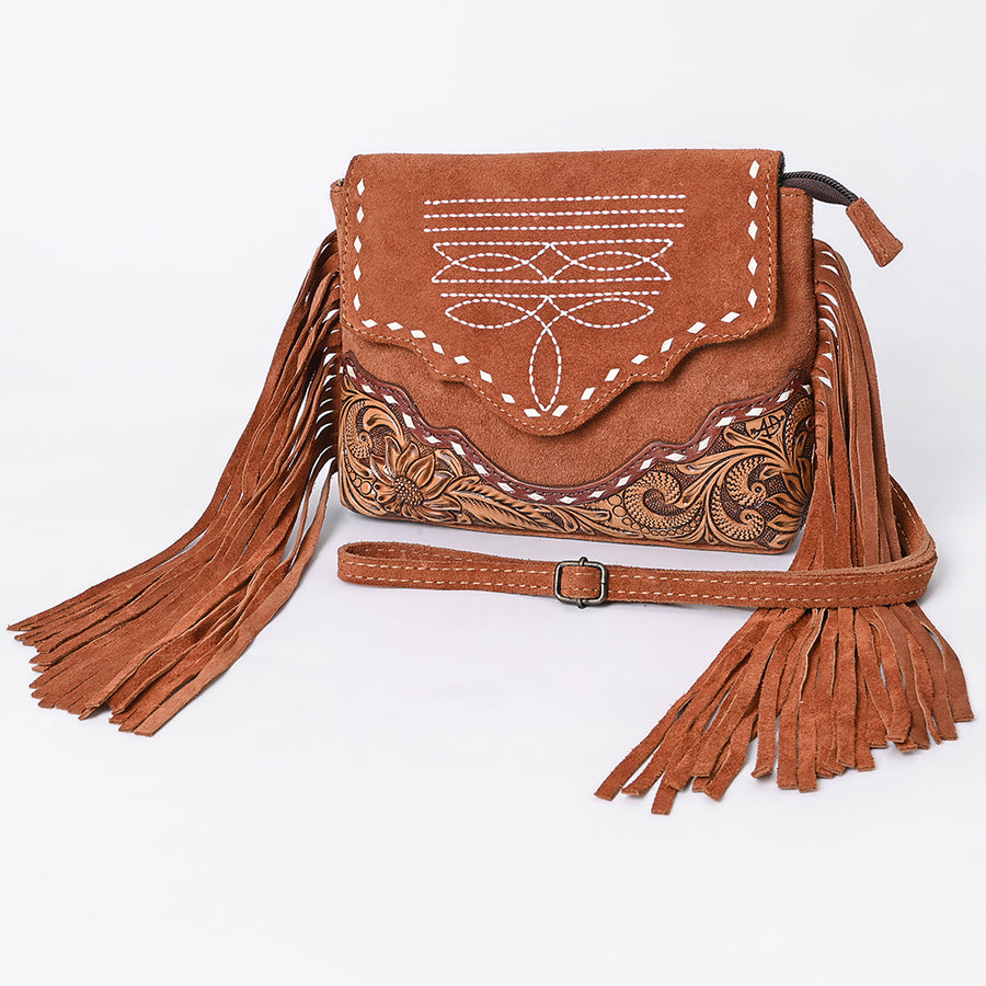 American Darling Western Genuine Suede Leather Crossbody Bag with Fringe and Tooled Accents - Handcrafted Design - Uhorse