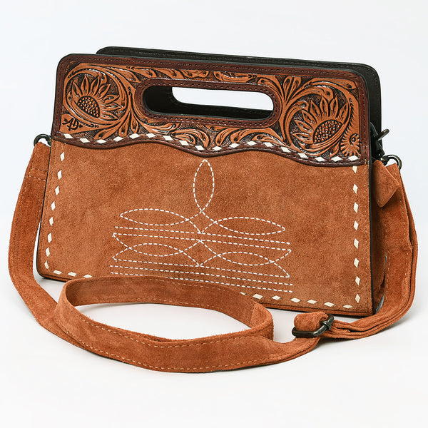 American Darling Western Genuine Suede Leather Clutch Bag with Hand-Tooled Handle and Buck-Stitched Detailing - Uhorse