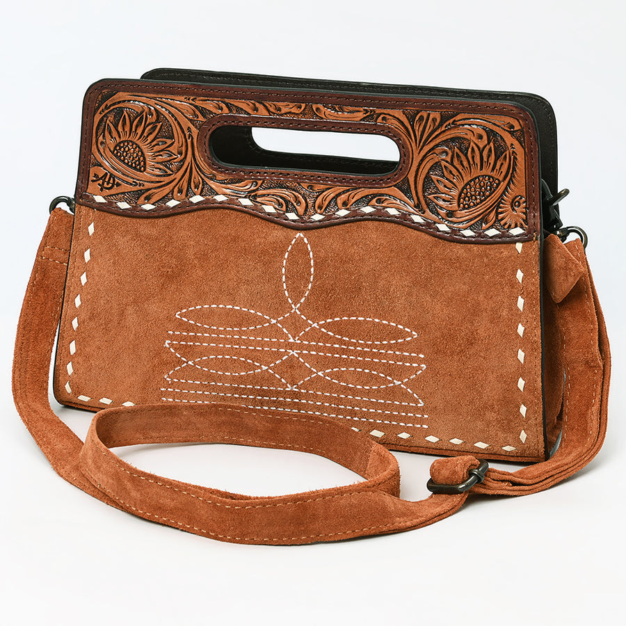American Darling Western Genuine Suede Leather Clutch Bag with Hand-Tooled Handle and Buck-Stitched Detailing - Uhorse