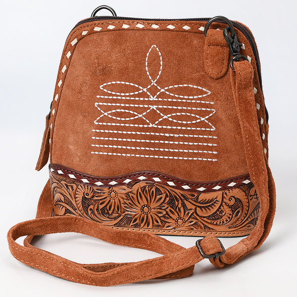 American Darling Handcrafted Western Genuine Suede Leather Crossbody Bag with Tooled Panel and Buck-Stitched Detail - Uhorse