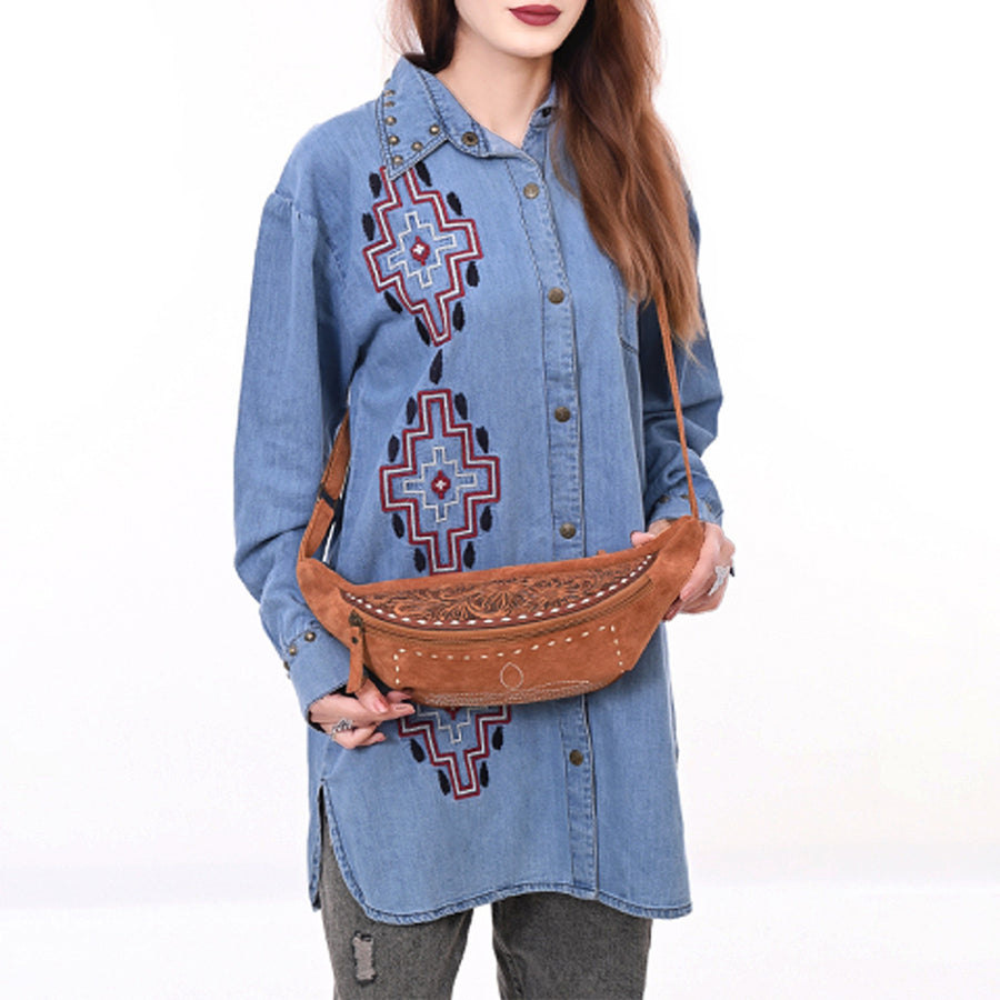 American Darling Western Leather Fanny Pack – Genuine Suede, Buck Stitching, Hand-Tooled Accents, Adjustable Strap, Travel-Ready Design with YKK Zipper