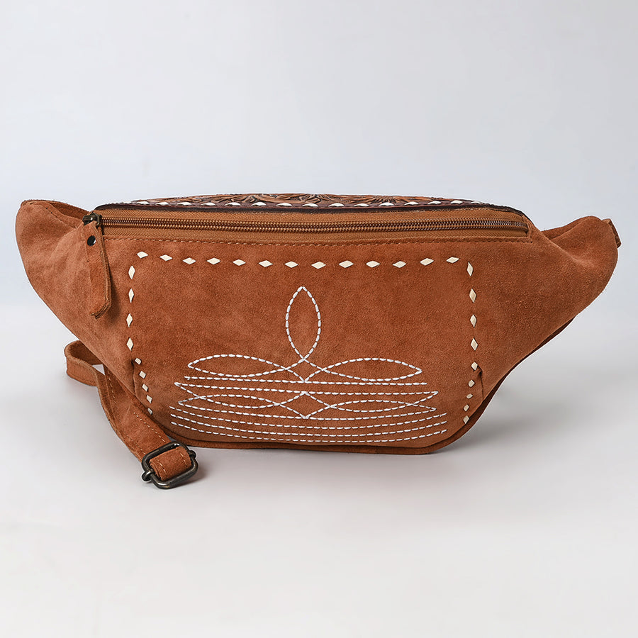 American Darling Western Leather Fanny Pack – Genuine Suede, Buck Stitching, Hand-Tooled Accents, Adjustable Strap, Travel-Ready Design with YKK Zipper