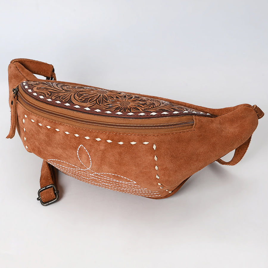 American Darling Western Leather Fanny Pack – Genuine Suede, Buck Stitching, Hand-Tooled Accents, Adjustable Strap, Travel-Ready Design with YKK Zipper