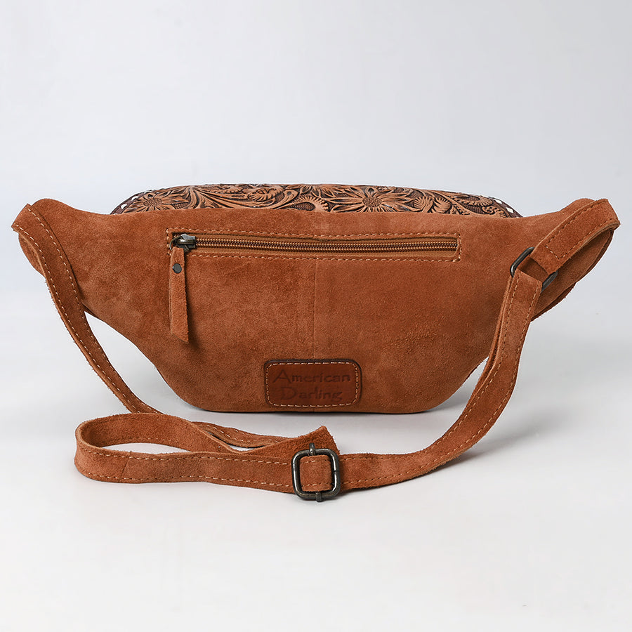 American Darling Western Leather Fanny Pack – Genuine Suede, Buck Stitching, Hand-Tooled Accents, Adjustable Strap, Travel-Ready Design with YKK Zipper
