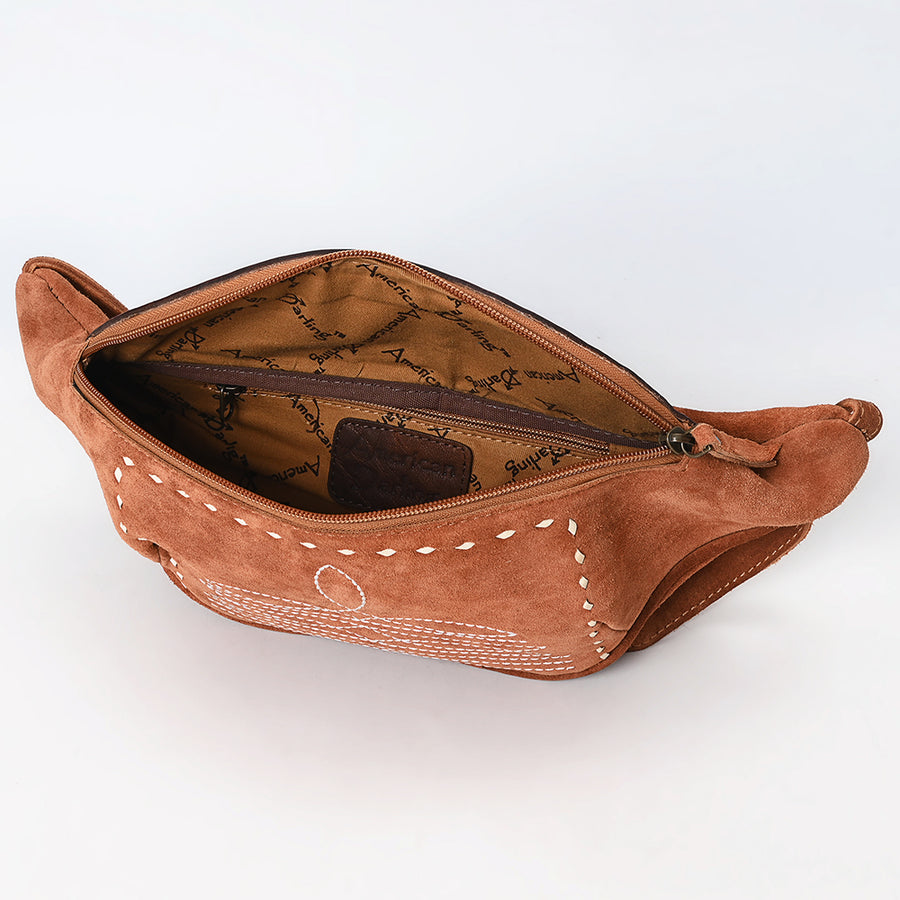 American Darling Western Leather Fanny Pack – Genuine Suede, Buck Stitching, Hand-Tooled Accents, Adjustable Strap, Travel-Ready Design with YKK Zipper
