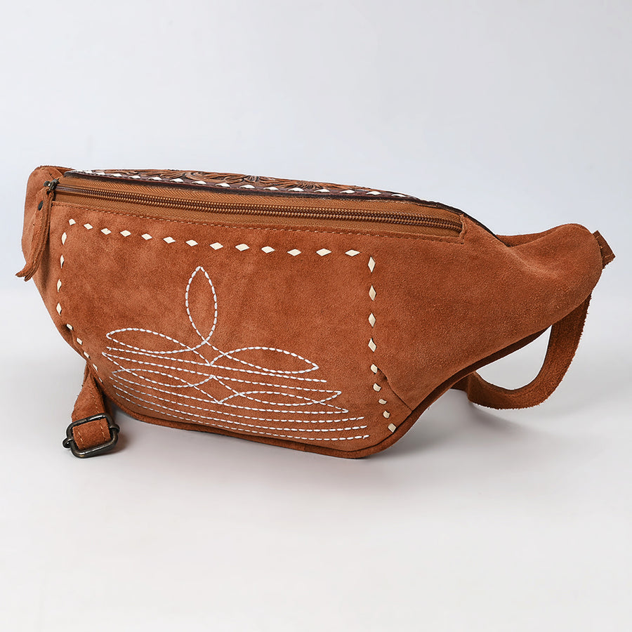 American Darling Handcrafted Western Leather Fanny Pack with Buck-Stitched Genuine Suede and Tooled Accents - Uhorse