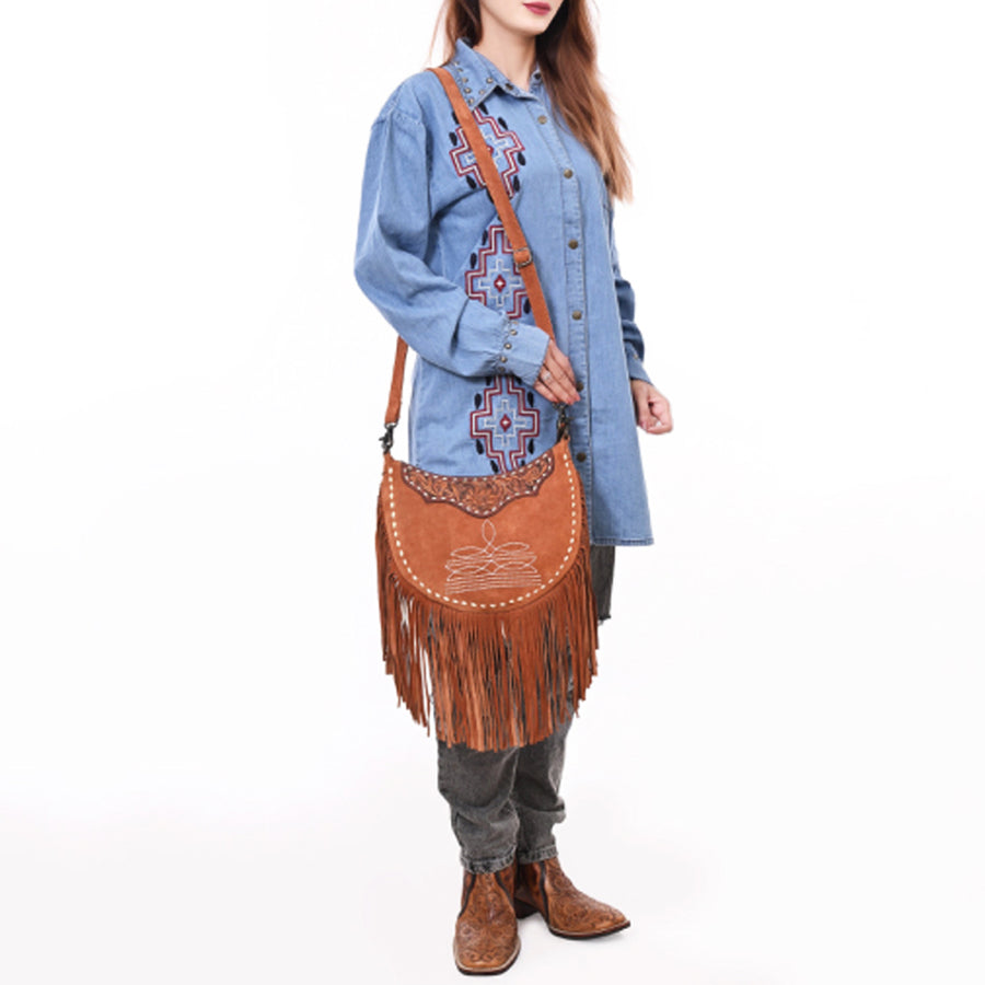 Western Leather Large Crossbody Bag with Fringe, Hand-Tooled Floral Accents, Genuine Suede Body, Buck Stitching & Adjustable Strap by American Darling
