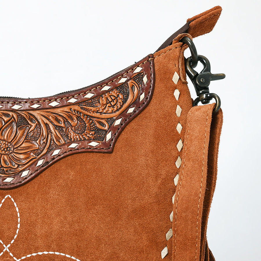Western Leather Large Crossbody Bag with Fringe, Hand-Tooled Floral Accents, Genuine Suede Body, Buck Stitching & Adjustable Strap by American Darling
