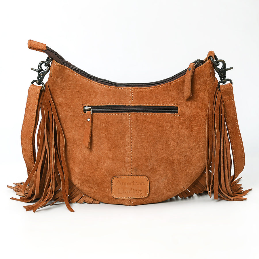 Western Leather Large Crossbody Bag with Fringe, Hand-Tooled Floral Accents, Genuine Suede Body, Buck Stitching & Adjustable Strap by American Darling