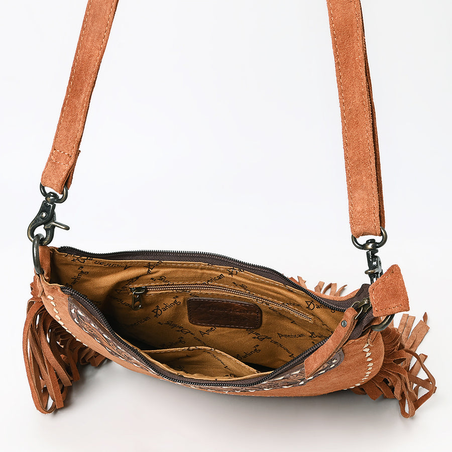 Western Leather Large Crossbody Bag with Fringe, Hand-Tooled Floral Accents, Genuine Suede Body, Buck Stitching & Adjustable Strap by American Darling