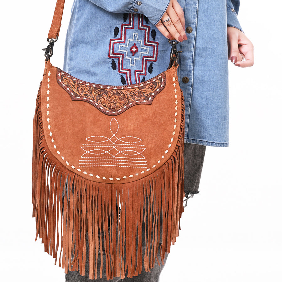 Western Leather Large Crossbody Bag with Fringe, Hand-Tooled Floral Accents, Genuine Suede Body, Buck Stitching & Adjustable Strap by American Darling