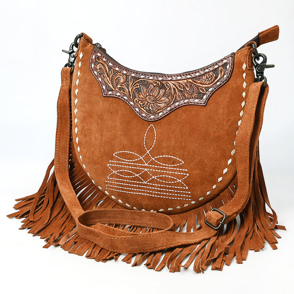 American Darling Western Genuine Suede Leather Large Crossbody Bag with Fringe and Hand-Tooled Details - Uhorse