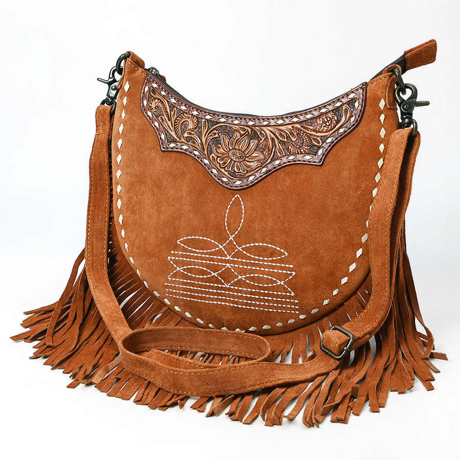 American Darling Western Genuine Suede Leather Large Crossbody Bag with Fringe and Hand-Tooled Details - Uhorse