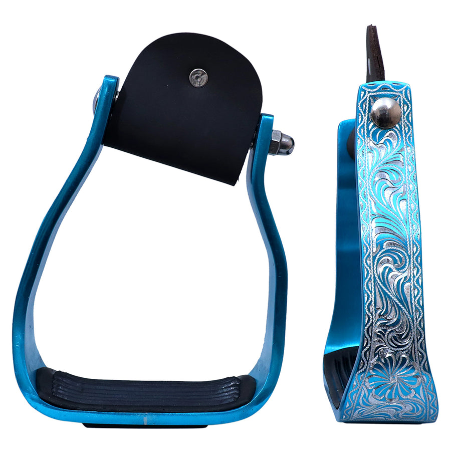 Hilason Engraved Western Angled  Show Stirrups Barrel Racing Slanted Stirrups Wide Rubber Grip
