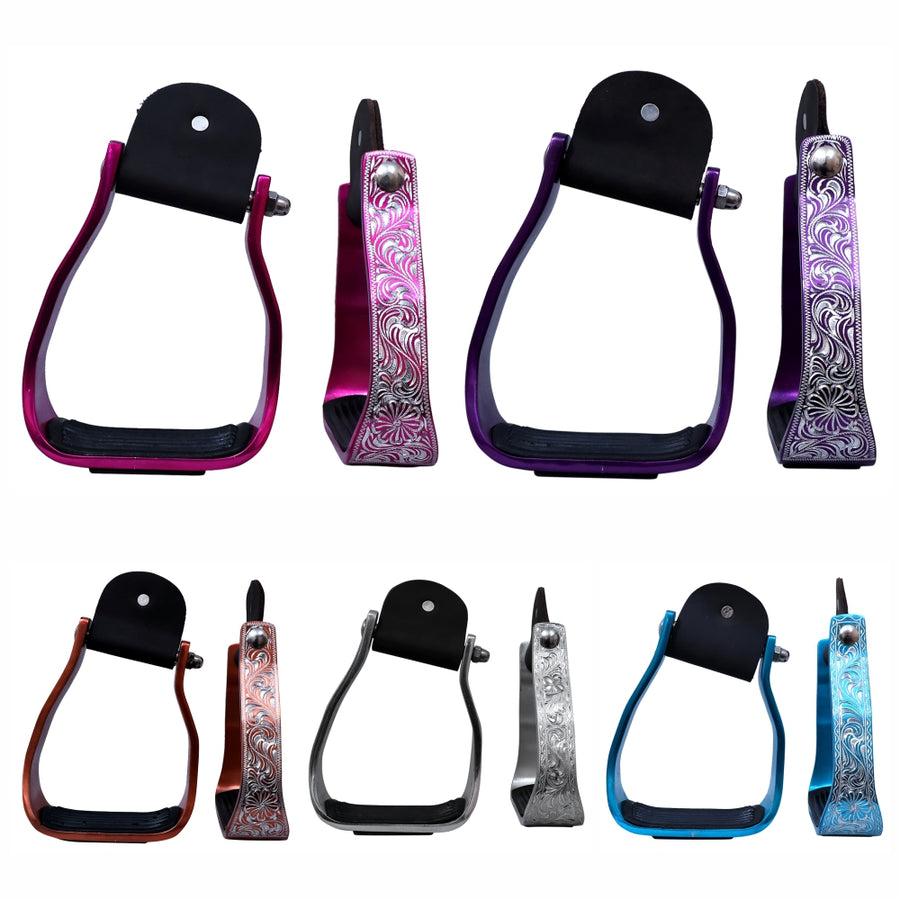 Hilason Engraved Western Angled  Show Stirrups Barrel Racing Slanted Stirrups Wide Rubber Grip
