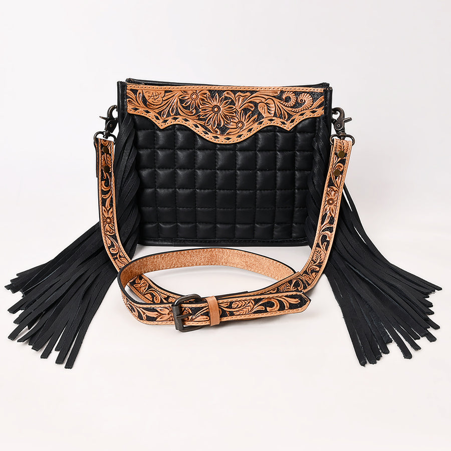 American Darling Black Genuine Leather Crossbody Bag with Hand-Tooled Panel, Fringe Accents, Durable Strap & YKK Zipper