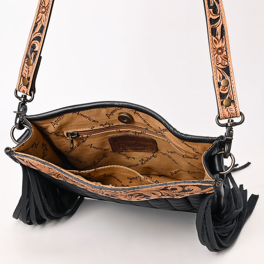 American Darling Black Genuine Leather Crossbody Bag with Hand-Tooled Panel, Fringe Accents, Durable Strap & YKK Zipper