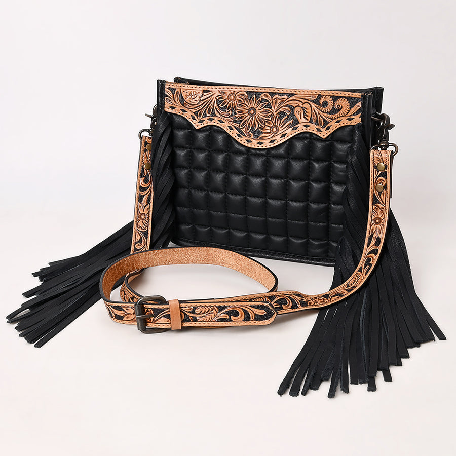 American Darling Black Genuine Leather Crossbody Bag with Hand-Tooled Details and Fringes - Hilason