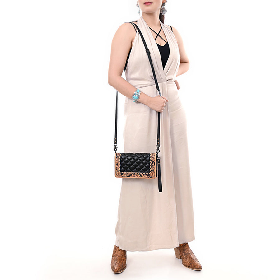 American Darling Handcrafted Western Leather Crossbody Bag - Quilted Design with Floral Tooled Panel - Genuine Leather