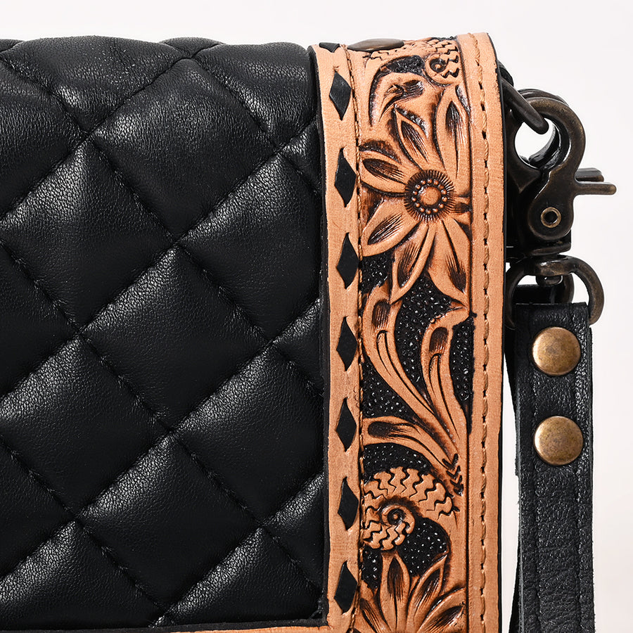 American Darling Handcrafted Western Leather Crossbody Bag - Quilted Design with Floral Tooled Panel - Genuine Leather