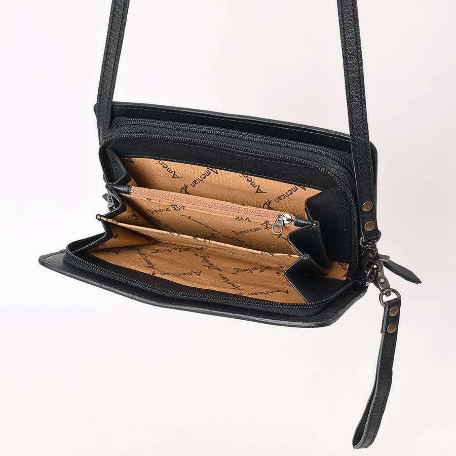 American Darling Handcrafted Western Leather Crossbody Bag - Quilted Design with Floral Tooled Panel - Genuine Leather