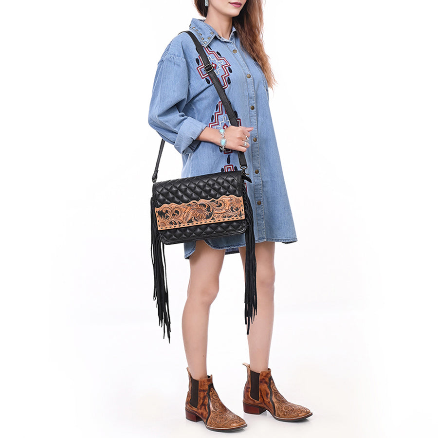 American Darling Handcrafted Western Leather Crossbody Bag - Fringes and Floral Hand-Tooled Panel - Genuine Leather