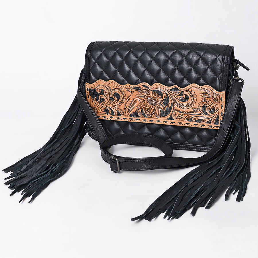 American Darling Hand-Tooled Floral Western Leather Crossbody Bag with Fringe - Uhorse