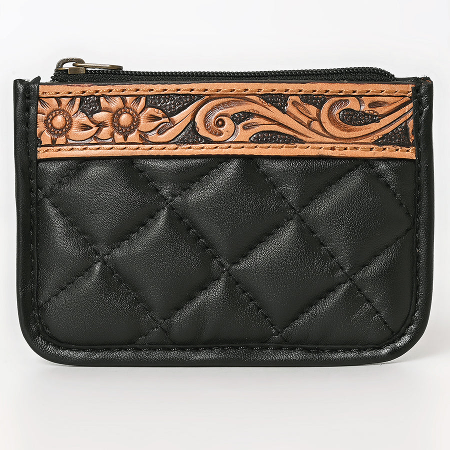American Darling Genuine Leather Hand-Tooled Floral Quilted Coin Purse with YKK Zipper - 3.5in X 5in