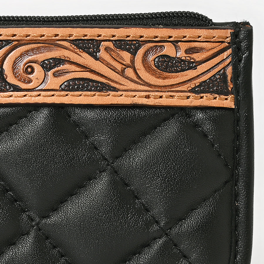 American Darling Genuine Leather Hand-Tooled Floral Quilted Coin Purse with YKK Zipper - 3.5in X 5in