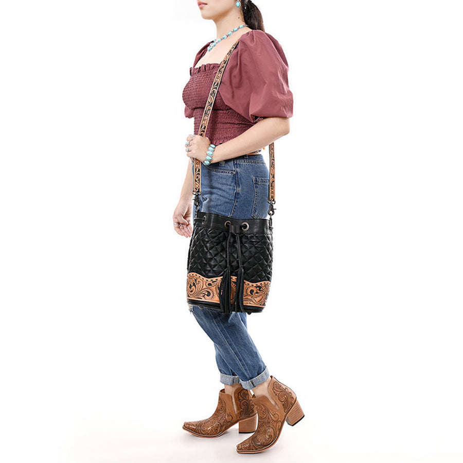 American Darling Genuine Leather Hand-Tooled Floral Quilted Bucket Bag with Tassels and YKK Zipper