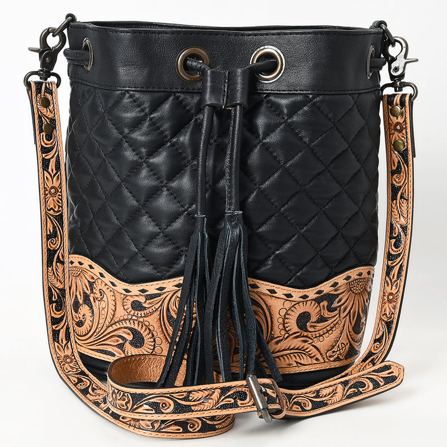 American Darling Genuine Leather Hand-Tooled Floral Quilted Bucket Bag with Tassels and YKK Zipper